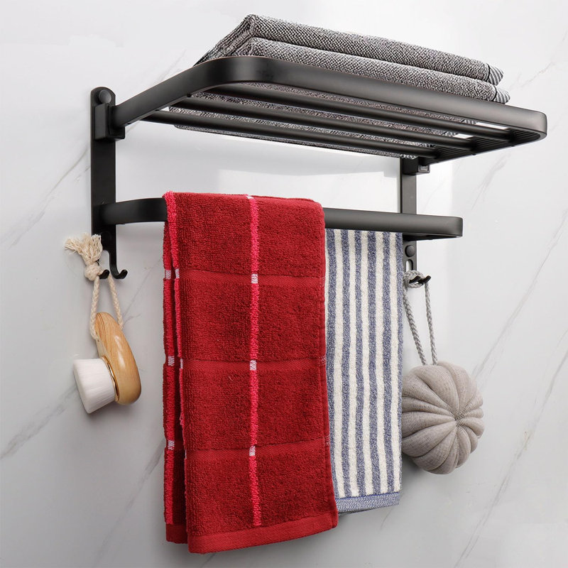 Porte-serviettes mural pliable pour salle de bain, porte-serviettes double en acier inoxydable avec tablette et crochets, organisateur de salle de bain robuste résistant à la rouille