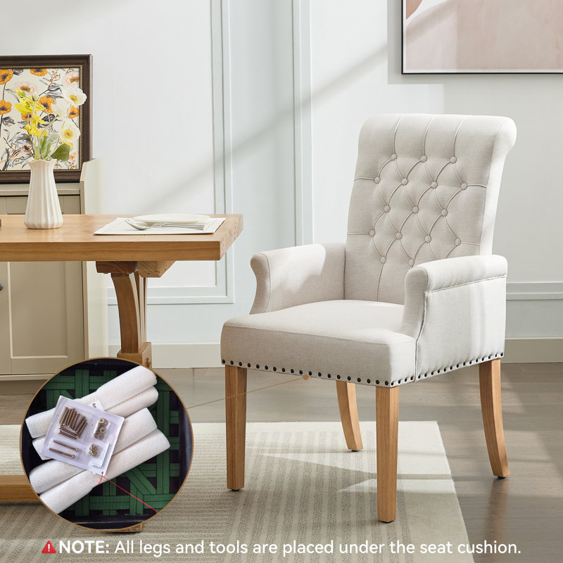 Fauteuil de salle à manger capitonné à dossier haut, lin, Lin beige