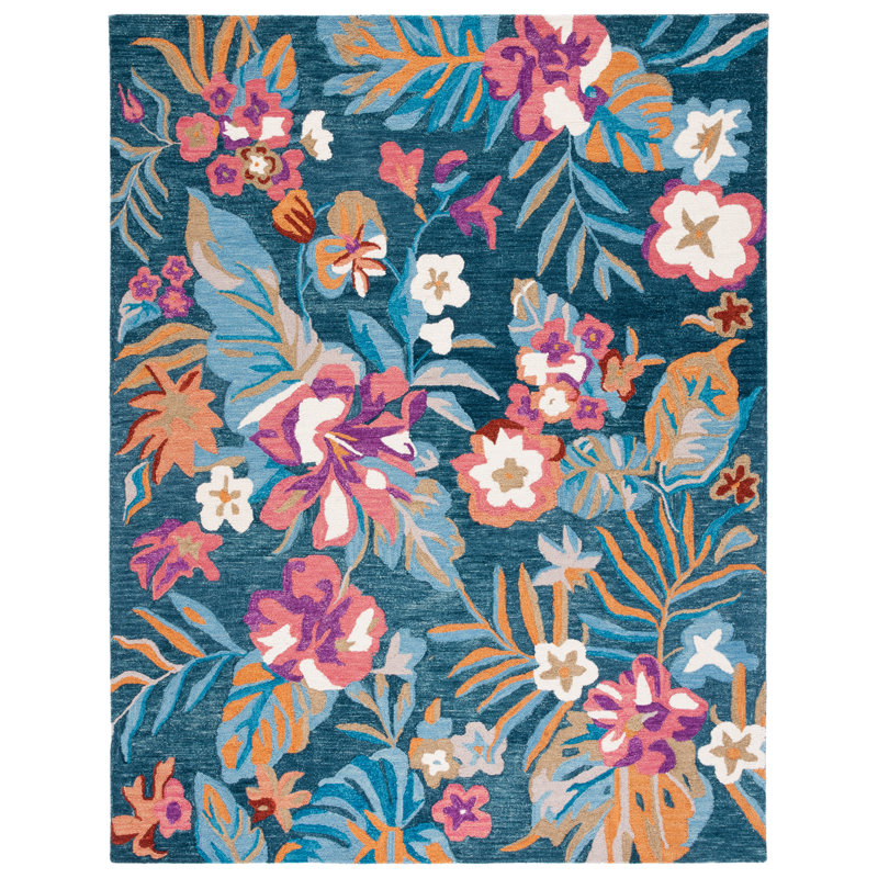 Alhambra Floral Handmade Tufted Wool Blue/Pink Area Rug, Rectangle 8' x 10'