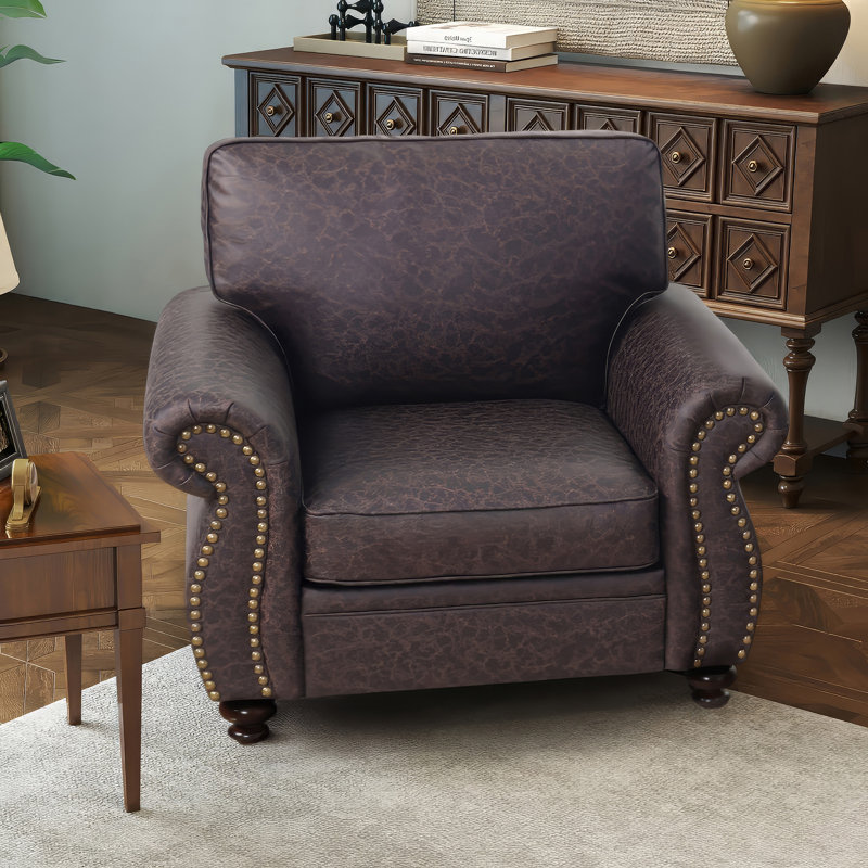 Fauteuil moderne en tissu souple de 42 po de largeur avec pieds en bois massif, Brun