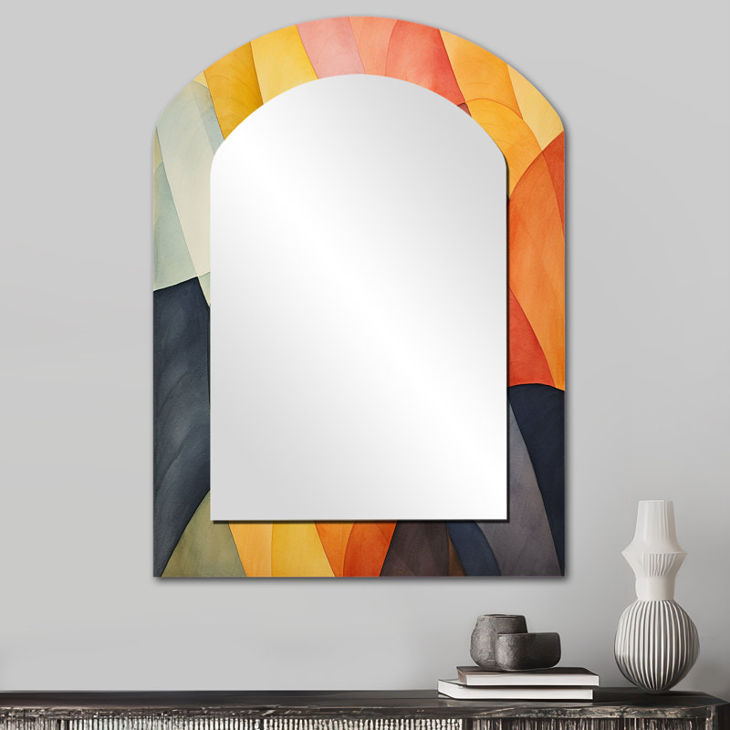 Motif géométrique de tuiles de couleurs douces II - miroir mural arqué géométrique, miroir décoratif asymétrique jaune, impression d'art en métal