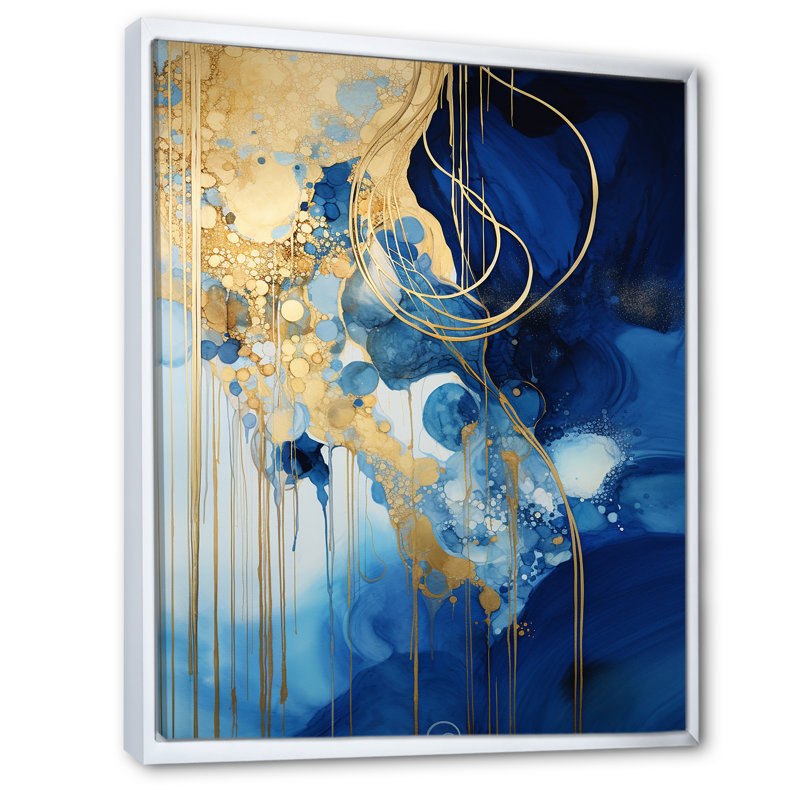 «Golden Oceanic Wave Harmony» sur toile, Cadre flottant blanc, H 32 po x l 16 po x P 1 po