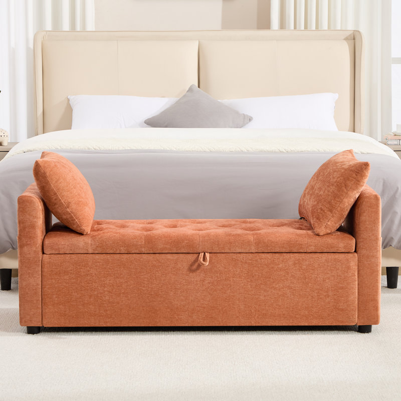 Banc de rangement capitonné en chenille avec accoudoirs et coussins, banc de repose-pieds bleu pour chambre à coucher, Orange