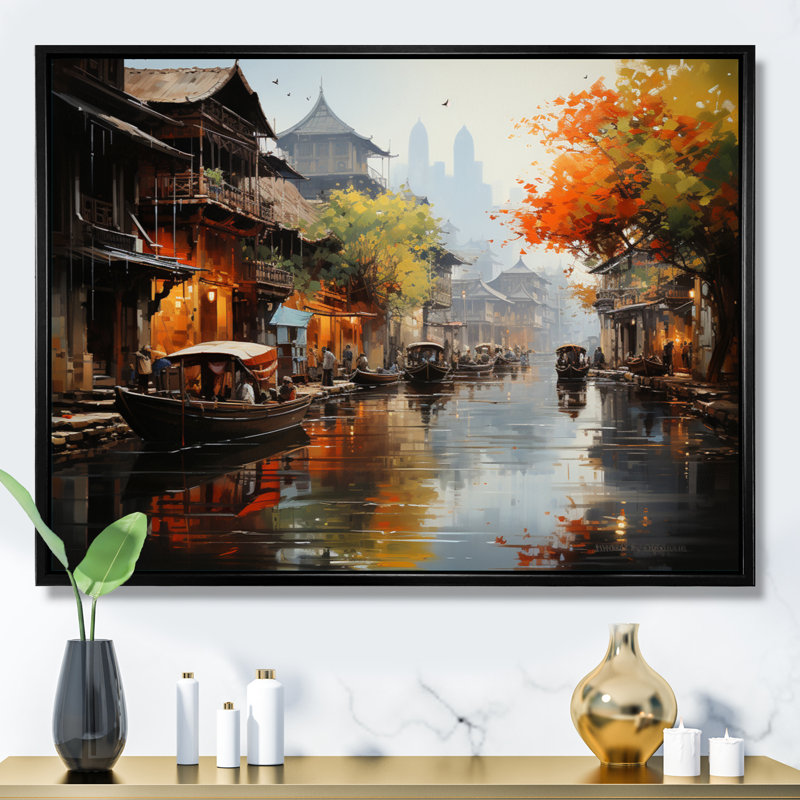 Rythmes du marché flottant du Vietnam I, Cadre flottant noir, H 12 po x l 20 po x P 1 po