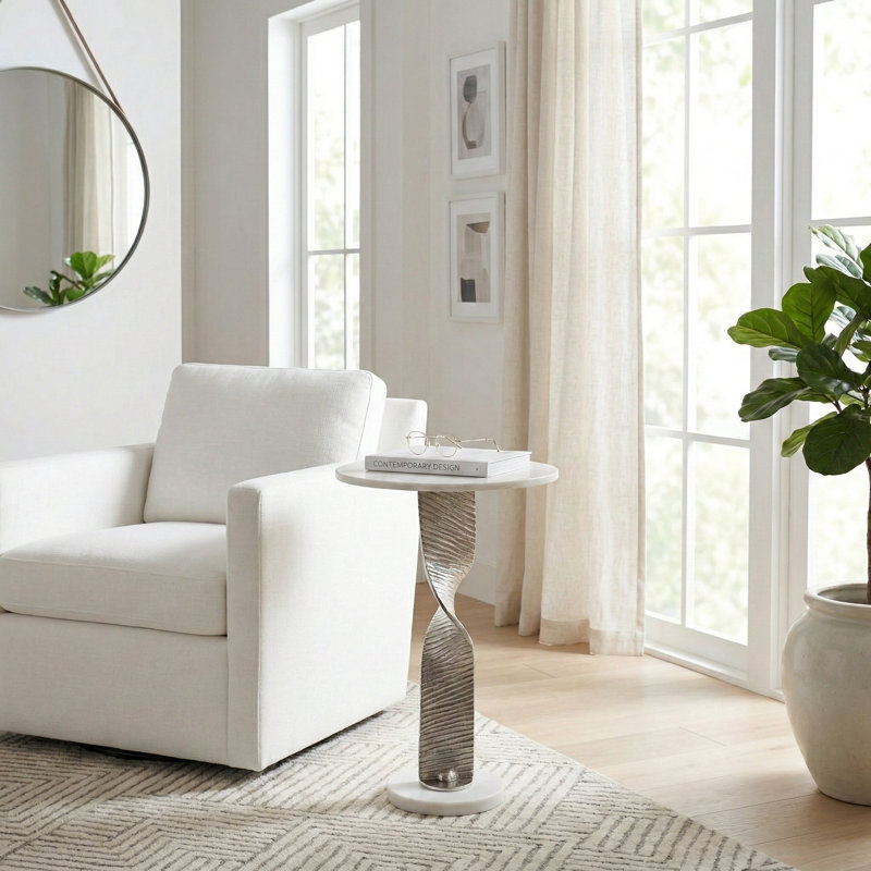 Chic Round Marble Accent Table with Twisted Metal Base for Living Rooom Decor - Elegant Narrow Side End Table for Home Decor Styling - 25"