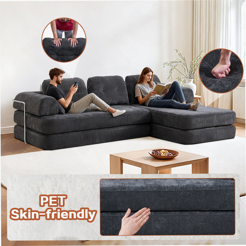 Boneless 104" Boneless Sofa,Sectional Compressed Couch With Chaise, Deep Seat Modular Sectional Sofa Chenille Memory Foam Sofa Boneless Couches For Living Room Bedroom, No Assembly Required