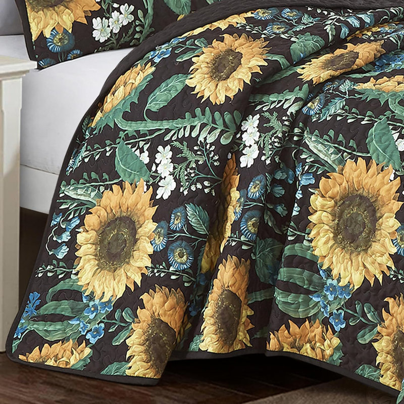 Ensemble de couvre-lit 3 pièces tournesol floral jaune réversible, Courtepointe pour lit grand + deux taies décorati