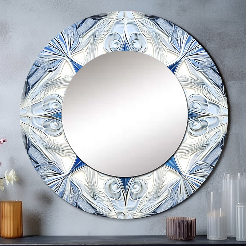 Turquoise and White Fractal Flowers I - Geometric Decorative Mirror, Modern Round Wall Mirror, Printed Metal Art, 36" x 36"