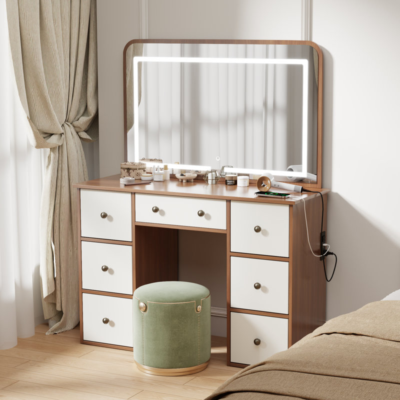 Makeup Vanity With LED Lighted Mirror & Power Outlet, Vanity Desk With 9 Drawers, Brown/White