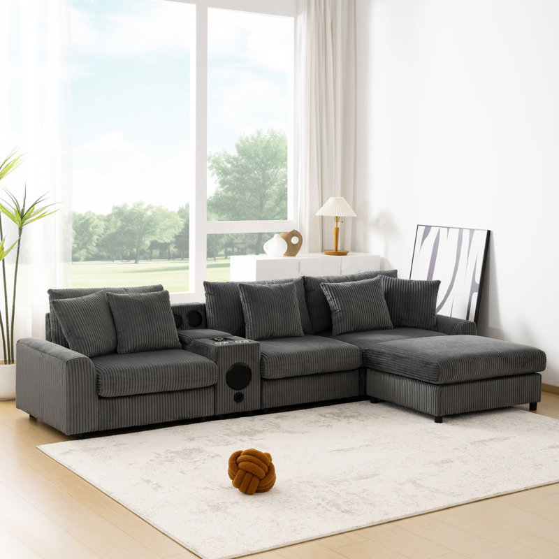 Canapé modulaire multifonctionnel en velours côtelé avec Bluetooth, rangement et repose-pieds pour salon moderne