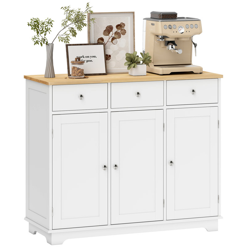 HOMCOM Sideboard with Rubber Wood Top, Kitchen Cupboard, 3 Doors, White
