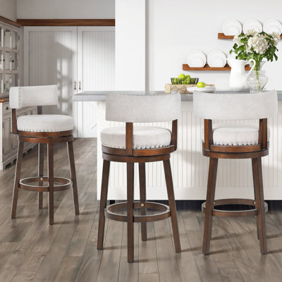 Upholstered Bar Stool with 360° Swivel, Solid Wood Frame, Padded Seat & Backrest, Nailhead Trim, Kitchen Island Stool