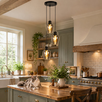3‑Light Smoked Grey Glass Kitchen Island Pendant