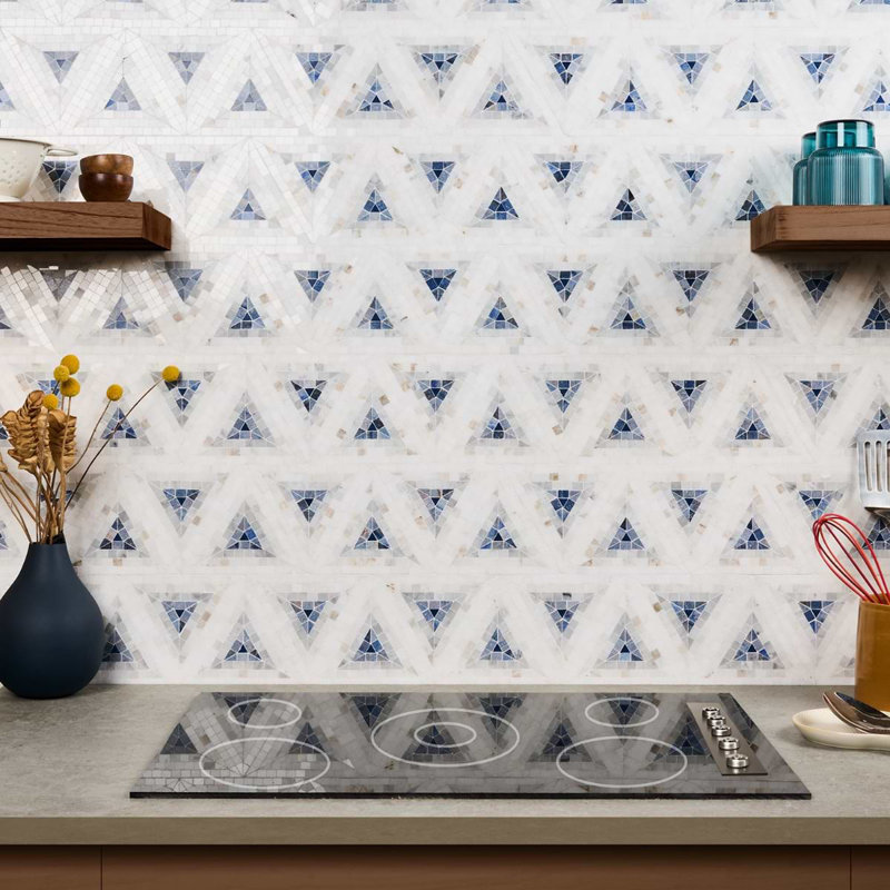 Ako 5" Triangle Marble Micro Mosaic Tile, Azul Blue