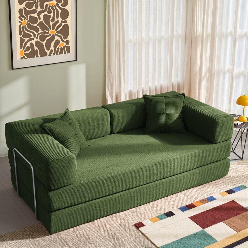 Folding Sofa Bed 160cm King Size, Convertible Modular Sofa, Corduroy Boneless Couch with Metal Frame, Green