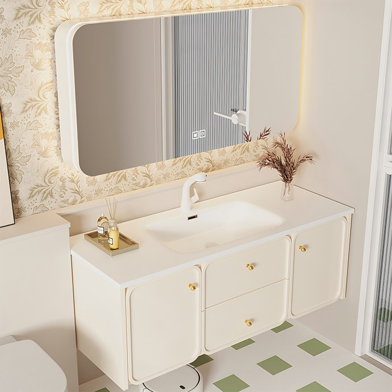 Meuble-lavabo mural 43,31 po en bois d'hévéa avec miroir, 44"