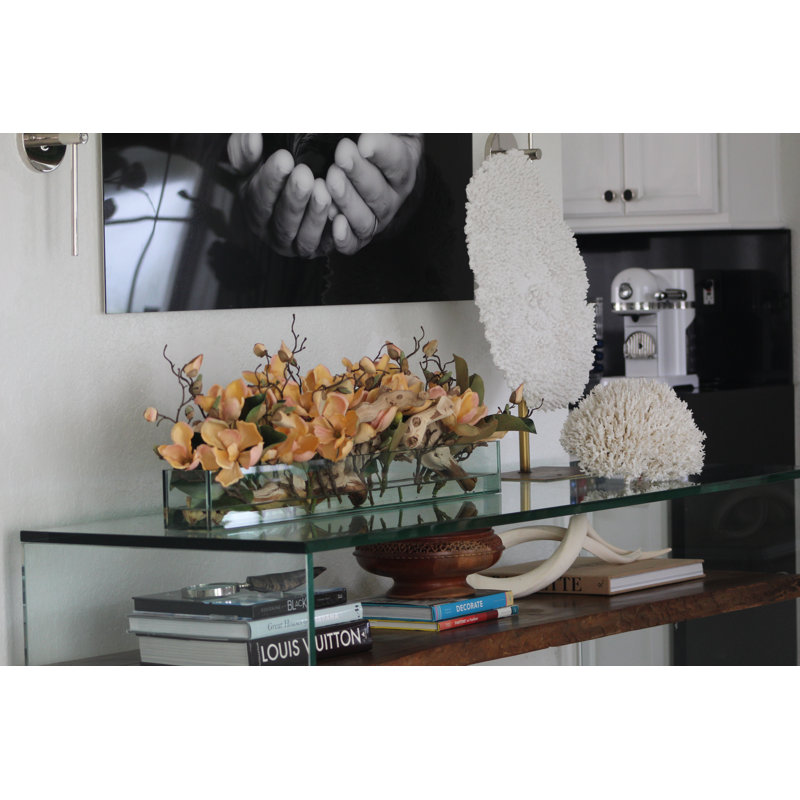 Glass Plate Magnolia Floral Arrangement And Centerpiece In Planter, 10" H x 24" W x 7" D, Peach
