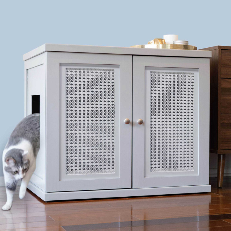 The Refined Litter Box - Wood Cat Litter Box Enclosure Cabinet With Drawer, Cane Style, Round, Gray, Extra Large