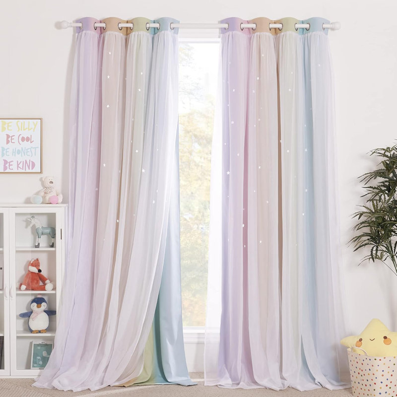  Star Colorful Blackout Curtains Bedroom Decor, Double-Layer Rainbow Stripe Window Curtain with Sheer for Kids Nursery (2 Panels, Tiebacks Included,Adult)