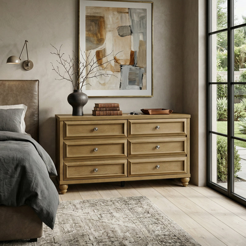 Caskey Transitional 54.8" W 6 Drawer Dresser, Antique Oak