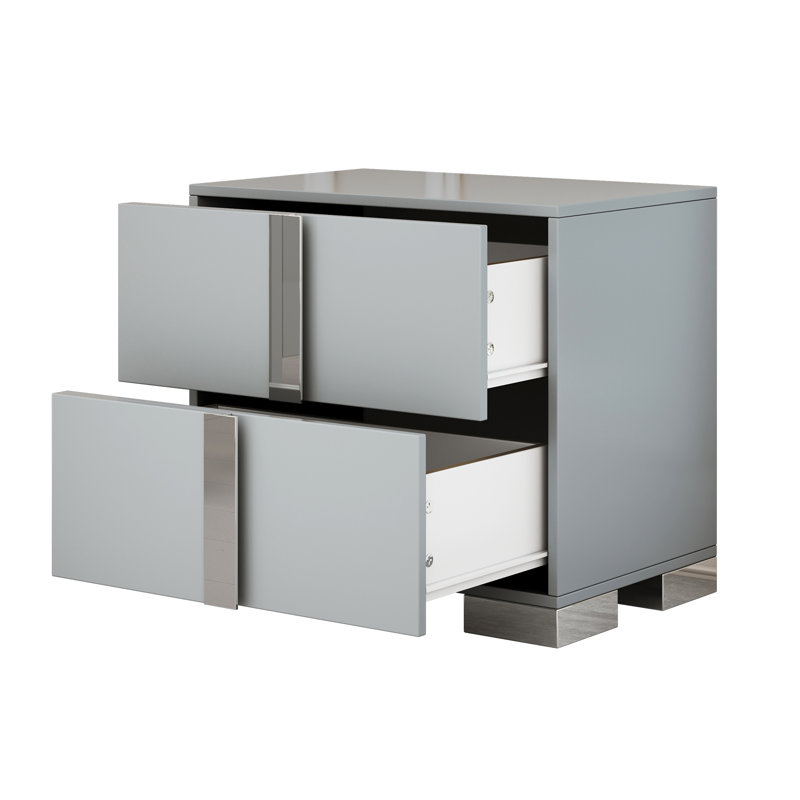 Table de chevet élégante, poignée en métal, miroir, 2 tiroirs, gris