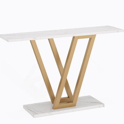 43” Modern Gold Console Table With Faux Marble Top, Narrow Entryway Table With V-Leg Metal Frame, Slim Sofa Table For Hallway, Living Room Or Foyer, White & Gold