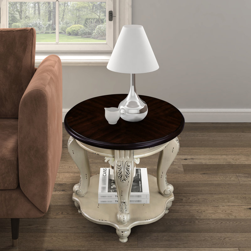 Table d'appoint 22 po en bois massif et beige, avec tablette, pour le salon, facile à assembler, finition thermolaquée, table de bout arrondie sécuritaire à coins arrondis à deux tons, bois, placage, design