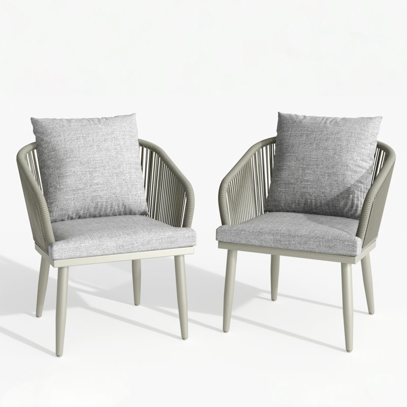 Patio Dining Armchair with Cushion, Light Grey Cushion/Beige/White Frame