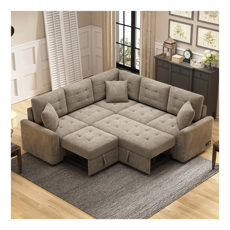 Canapé-lit escamotable en forme de L 82,6 po avec roulettes, ports USB, prises de courant pour le salon, kaki