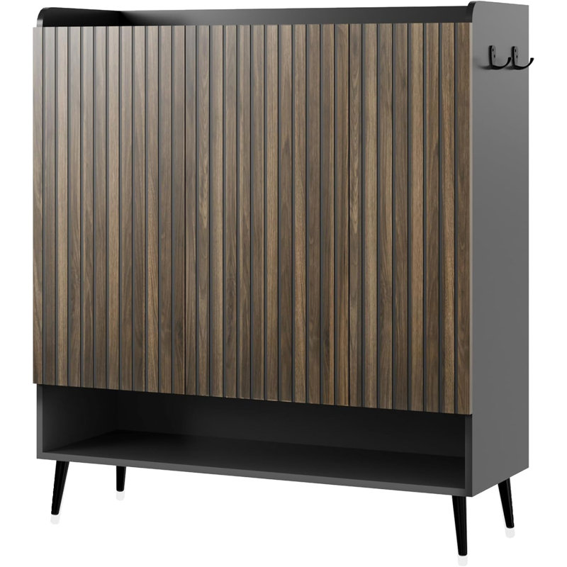 Black and Nut-Brown Large Shoe Cabinet with 3 Doors and Adjustable Shelves, Organizer for Hallway or Entryway, Black
