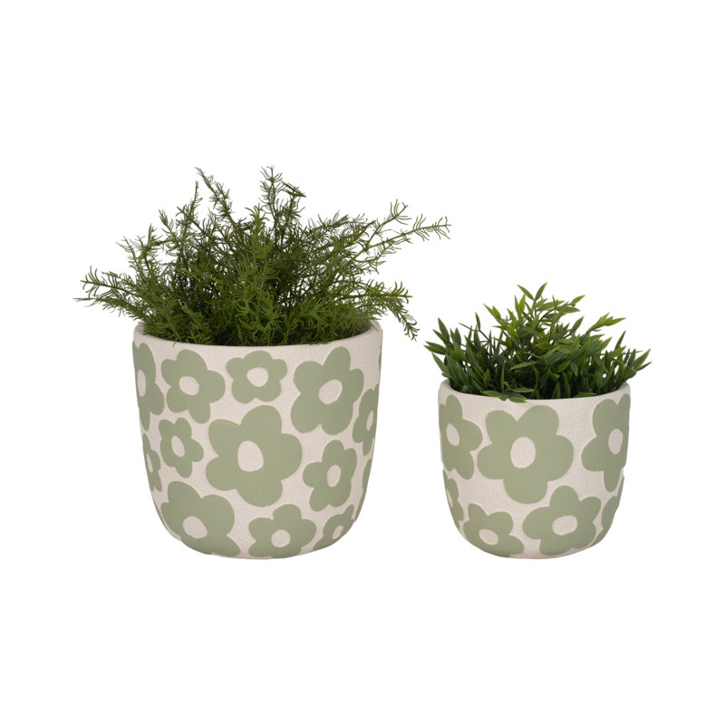 Sagebrook Home 2-Pieces Flower Power Planters, Light Green, Green/Ivory