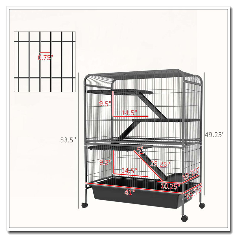 Cage à 5 niveaux pour petits animaux avec roulettes, plateau amovible et 2 portes avant
