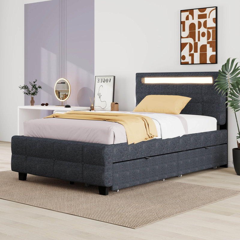 Lit plateforme tapissier simple avec lumière DEL et 2 tiroirs, lit plateforme avec tête de lit en tissu de lin, Gris