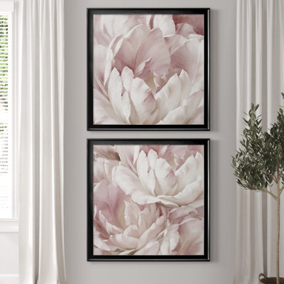 Intimate Blush III - Blush Peonies Wall Art, Matted and Framed Under Acrylic Glass, Set of 2, Large Living Room Wall Art