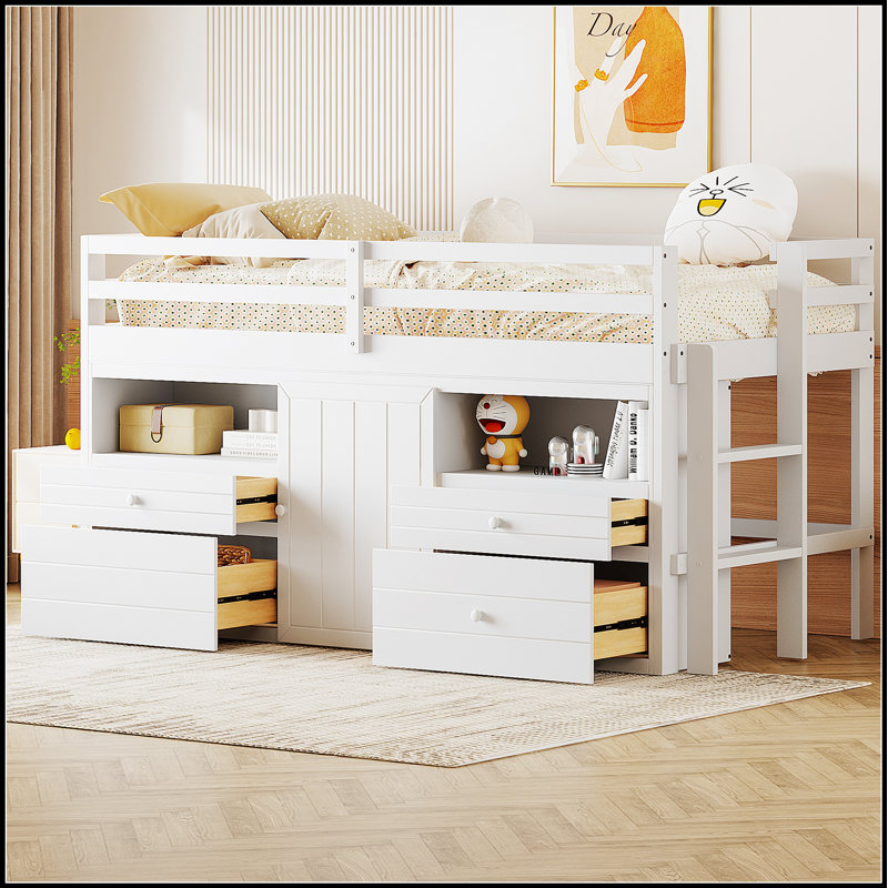 Lit mezzanine en bois Kellsey avec 4 tiroirs, une armoire et des tablettes pour un rangement optimal