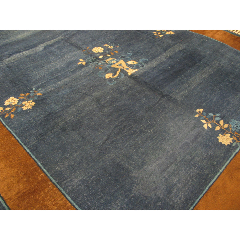 Rectangle Blue Antique Wool Hand Knotted Pile Floral Medallion 1900s Rug