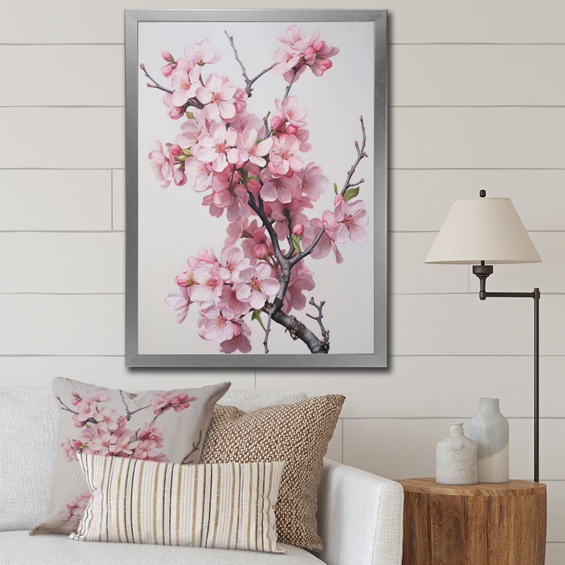 Fleur de pommier élégance monochromatique sur toile, Cadre simple argenté, H 32 po x l 24 po