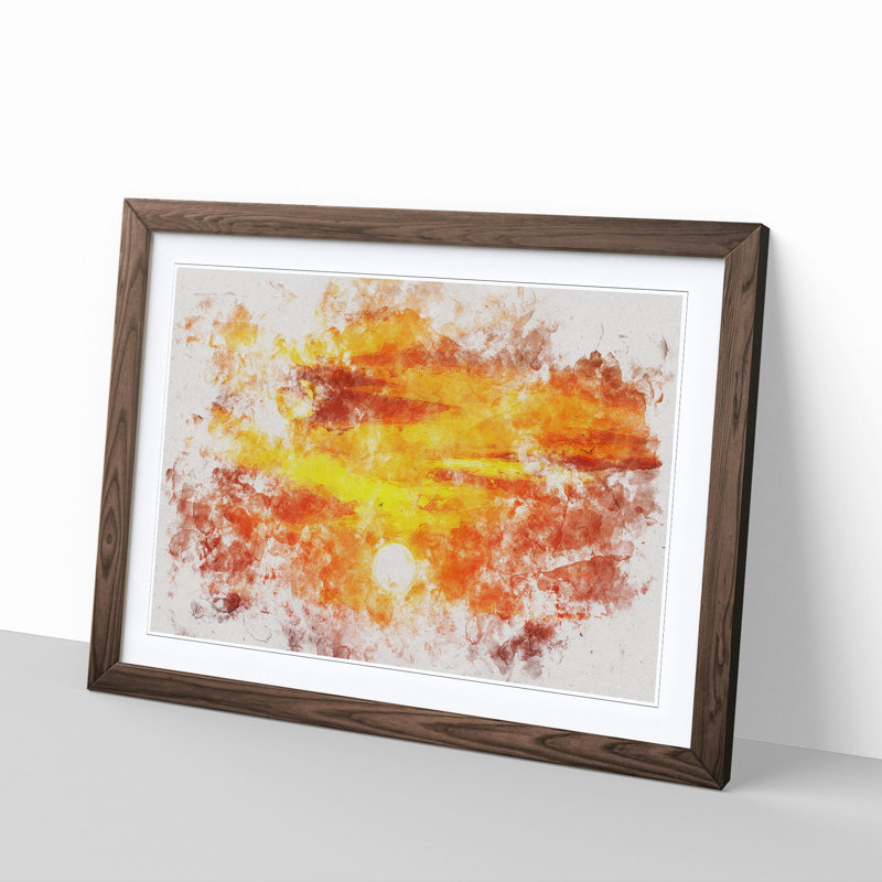 Striking Orange Sunset Watercolour - Picture Frame Graphic Art Print, 40cm H x 60cm W x 2cm D, Walnut Framed