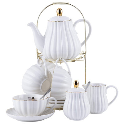 Porcelain Tea Set- 8 OZ White Coffee Cup/Teacup, Saucer, Spoons, Teapot and Creamer set, 17-Pieces