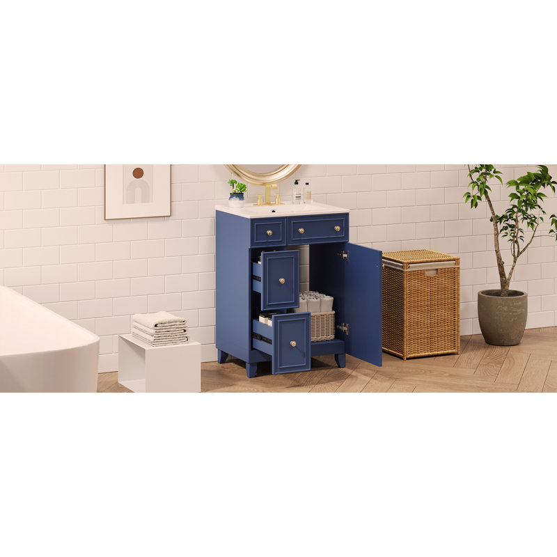 Armoire de meuble-lavabo 24 po avec lavabo en céramique, 2 tiroirs, 1 porte, Bleu