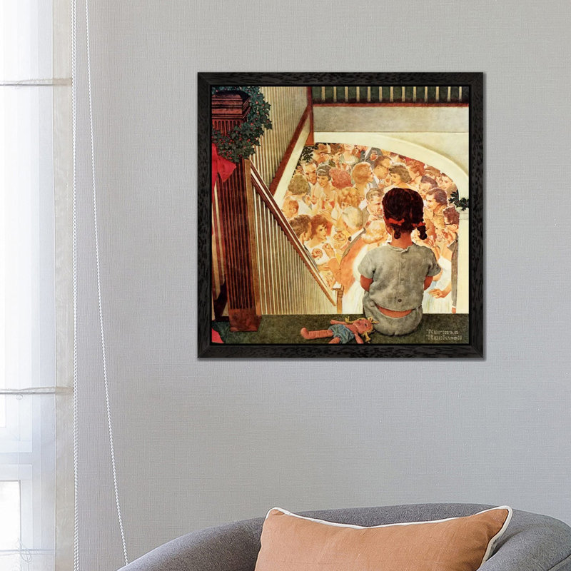 Little Girl Looking Downstairs At Christmas Party by Norman Rockwell - Floater Frame Painting on Canvas, Black