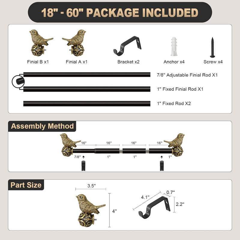 Curtain Rod with Gold Bird Finials