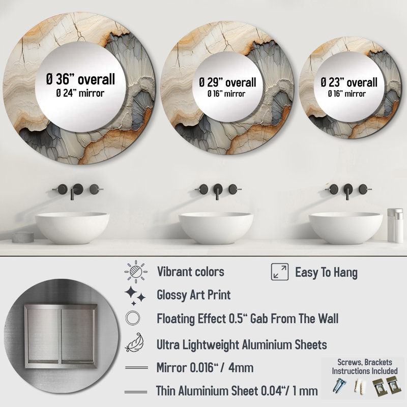 Samanthamarie Beige And Orange Minimalism Stone Geode II - Stone Geode Large Mirror, Beige Round Unique Wall Mirror Decor, Printed Metal Art