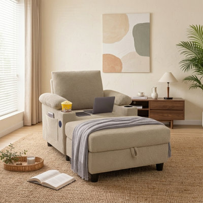 3-in-1 Manual Reclining Accent Chair with Storage Ottoman, USB Ports & Cup Holders