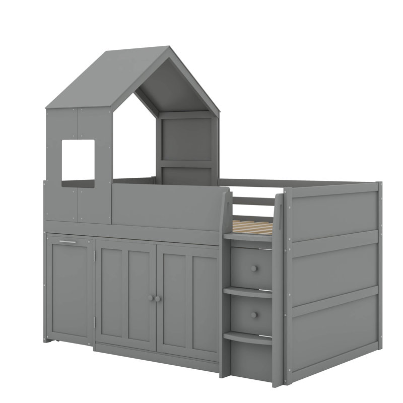Lit mezzanine simple en bois avec bureau et rangement, 4 armoires, tablettes et tiroirs, Gris