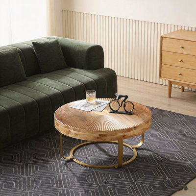 Modern Round Coffee Table with Wooden Carving Pattern & Metal Legs, Black