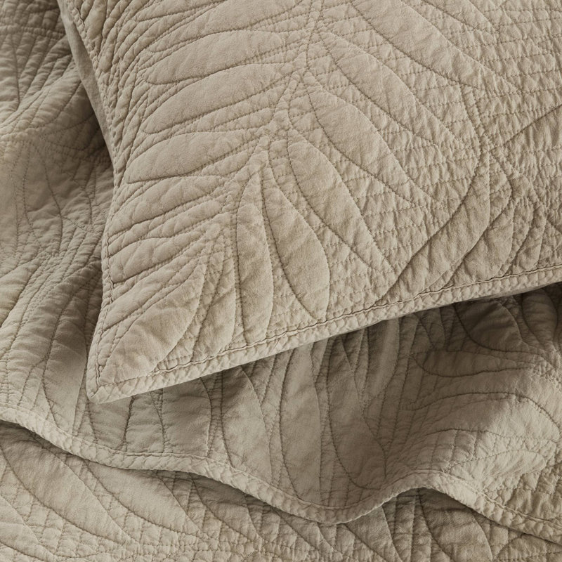 Botanical Leaves Linen 100% Cotton 3-Piece Full/Queen Quilt Set, Full/Queen, Linen