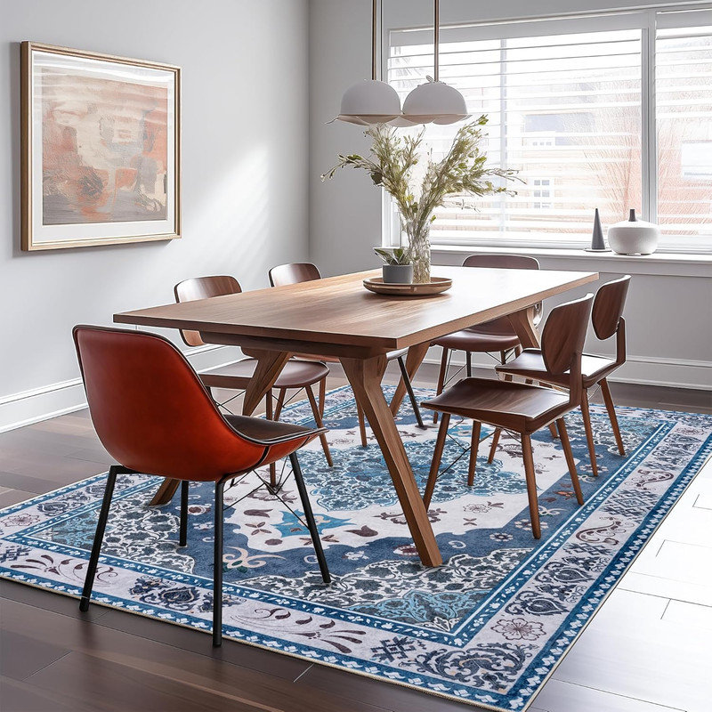 Machine Washable Indoor&Outdoor Area Rug Non-Slip Backing Blue Vintage Low Pile Rug for Living Room Bedroom Dorm Hotel