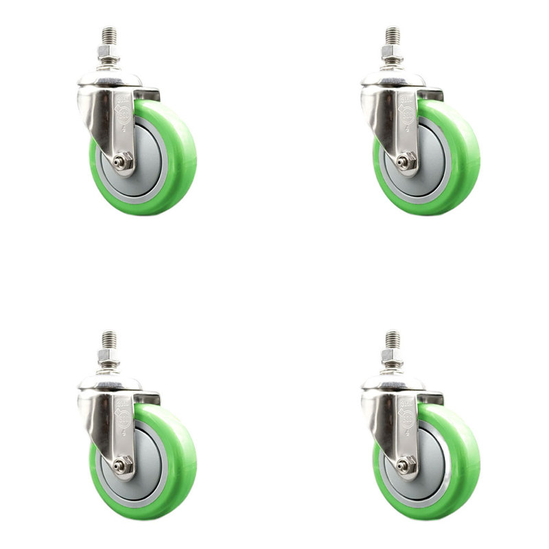 Ensemble de roulettes à tige filetée 4 pouces en polyuréthane pivotant 10mm 10mm, Vert