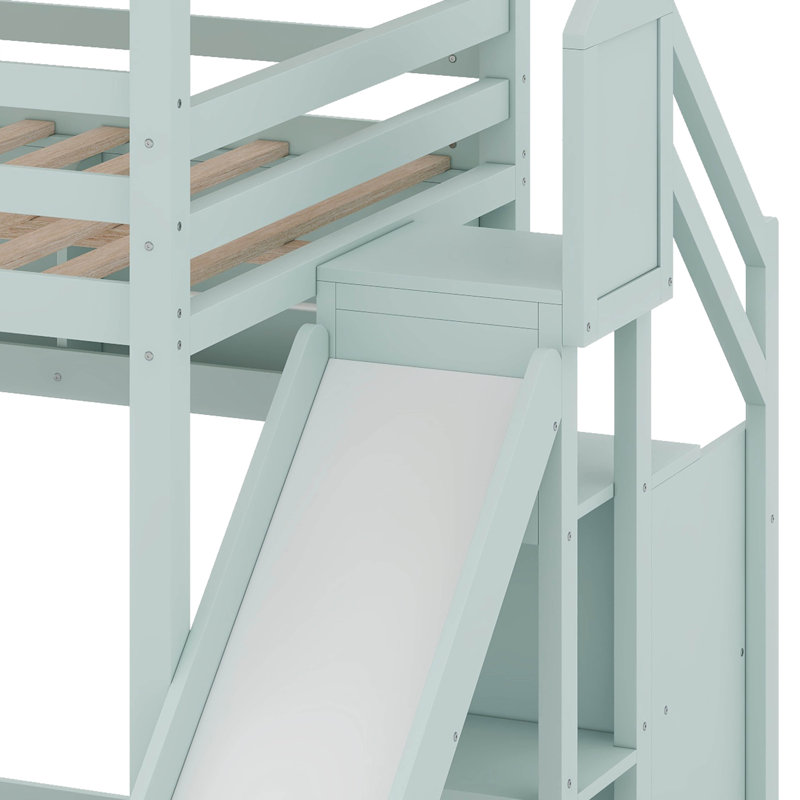 Full Size House Loft Bed With Slide, Wooden House Bed Frame With Canopy & Storage Shelves, Light Green